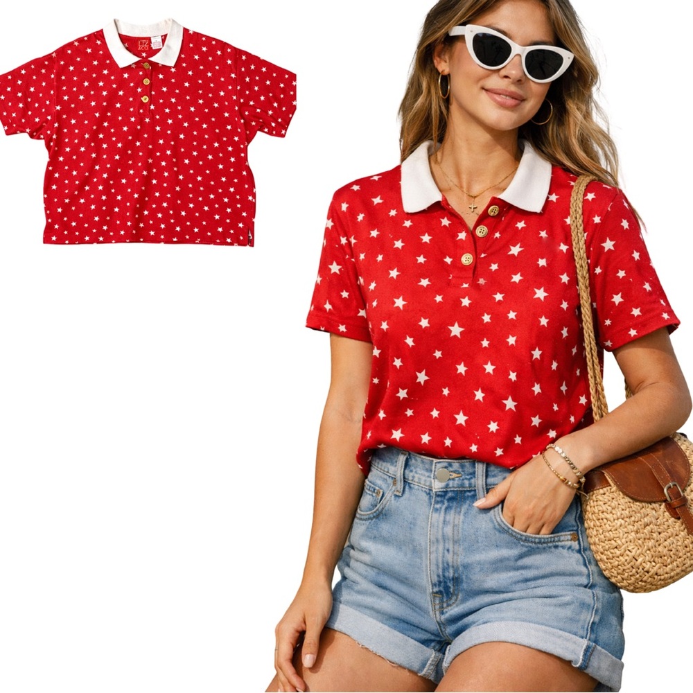 Liz‎ & Co. Vintage Red Star Print Polo Shirt White Collar Size M
